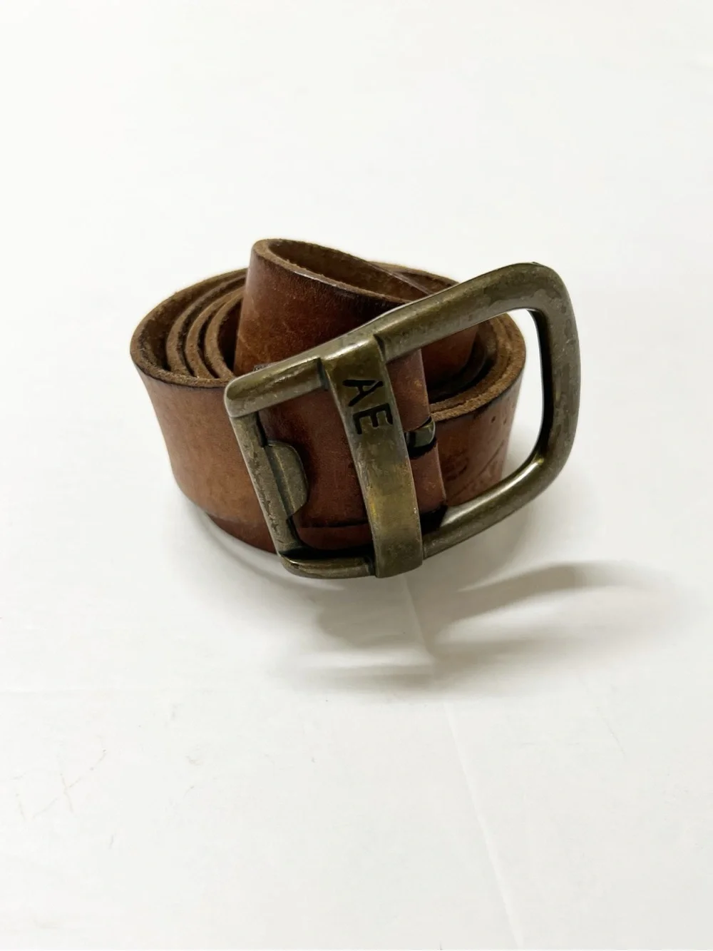 American Eagle Outfitters Mens Vintage Y2K Brown Leather Brass Buckle Belt